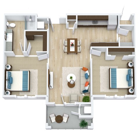 3D floor plan for 2 Bedroom, 1 Bathroom Apartment as Aspen Ridge